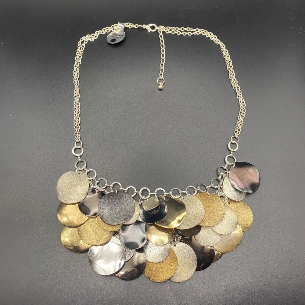 Statement Bib Necklace Gold Silver Gunmetal Disc Multi Tone Layer Dangle 18-20"
